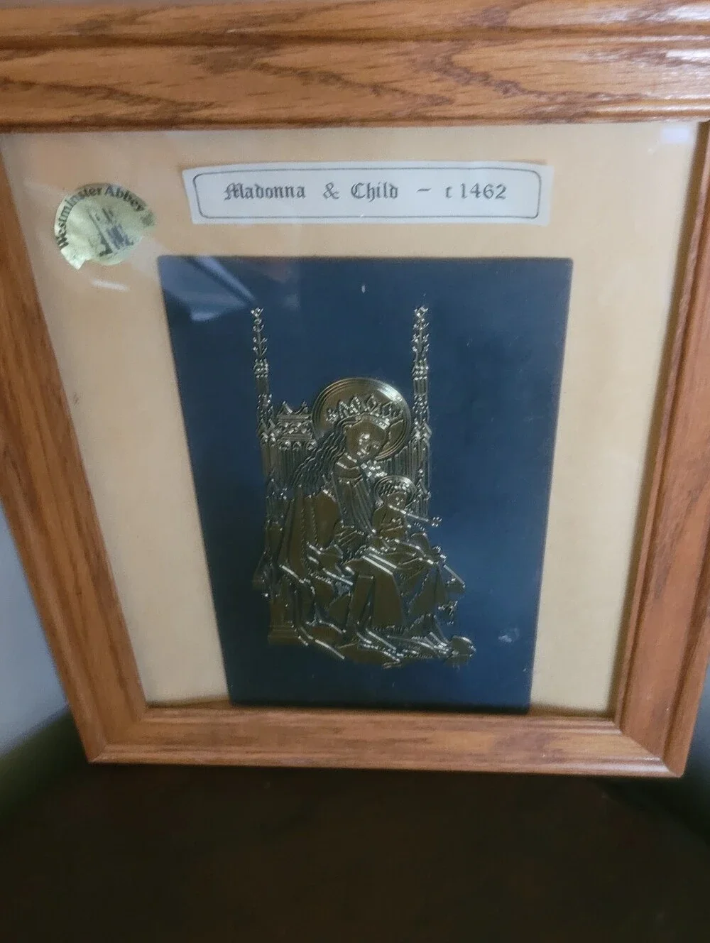 Vintage Framed Westminster Abbey Brass Rubbing Art – Madonna & Child c.1462
